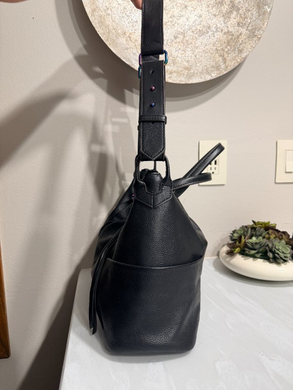 Convertible Slouchy Pebbled Black Leather Satchel Shoulder Bag Iridescent - Picture 7 of 13